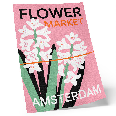 Poster with white flowers, pink lettering, and green accents