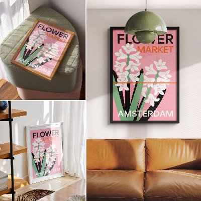 Poster White flowers, pink lettering, green contrast