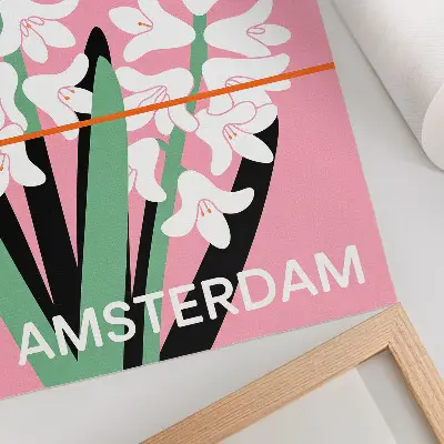 Poster with white flowers, pink lettering, and green accents