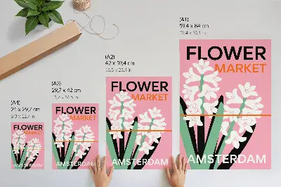 Poster with white flowers, pink lettering, and green accents