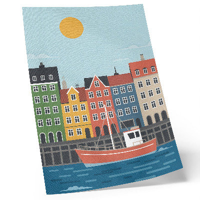 Premium wall art colorful tenement houses with a boat on the water on a bright day