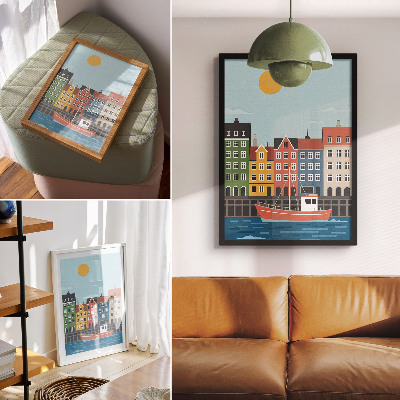 Premium wall art Colorful tenement houses boat on the water bright day