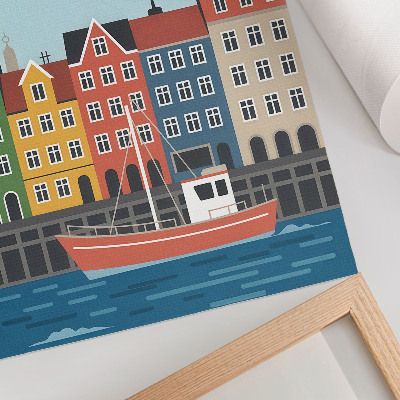Premium wall art Colorful tenement houses boat on the water bright day