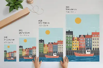 Premium wall art colorful tenement houses with a boat on the water on a bright day