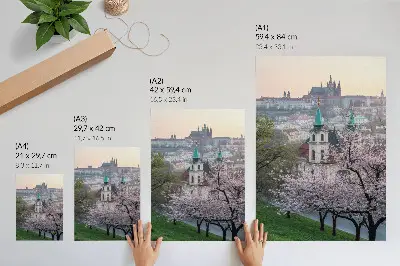 Decorative poster the city in spring with flowering trees and church towers