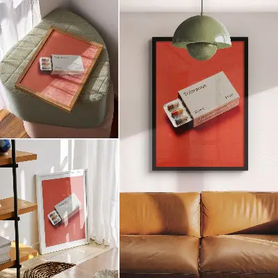 Premium wall art minimalist capsule packaging with a colorful background