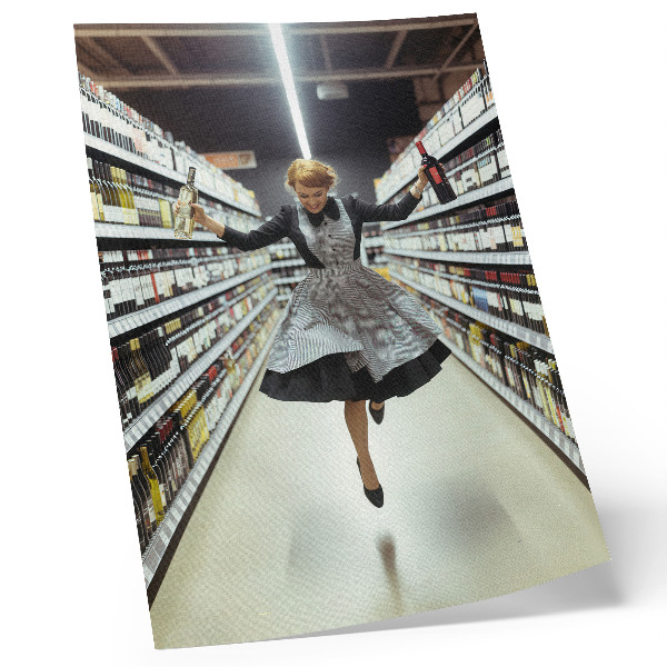 Poster A woman in a retro dress jumps in a shop