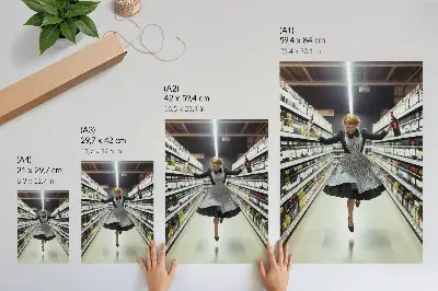 Woman in a retro dress jumping in a shop poster 