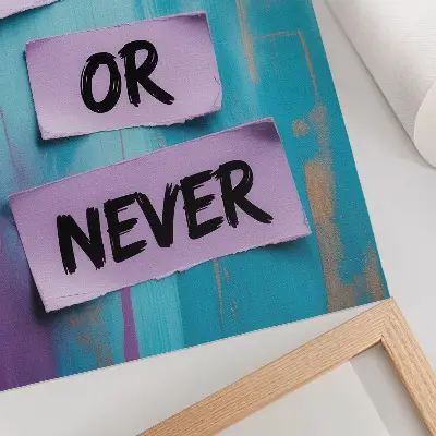 Art print with dynamic contrasts, strong typography, and turquoise and purple color scheme