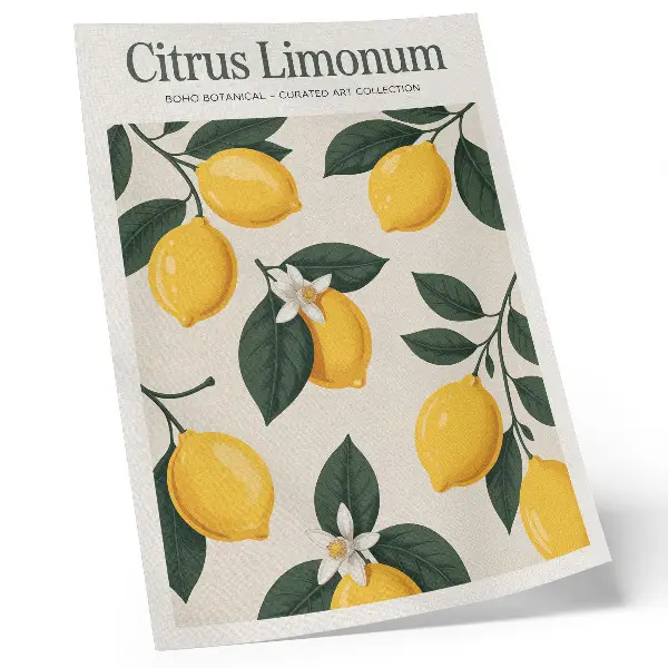 Poster juicy lemons with green leaves on a cream background