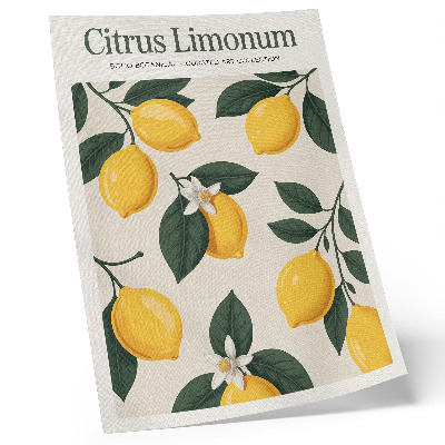 Poster juicy lemons with green leaves on a cream background