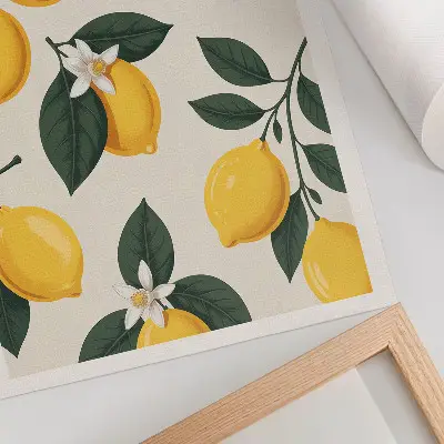 Poster juicy lemons with green leaves on a cream background