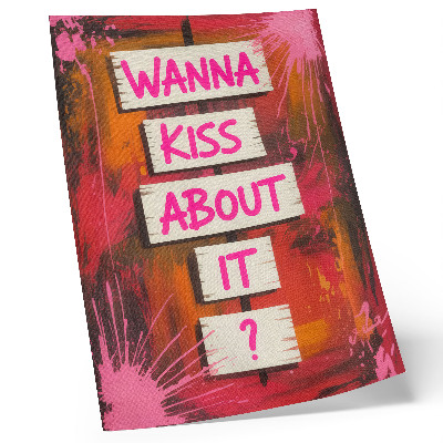 Decorative poster with colorful background and pink lettering