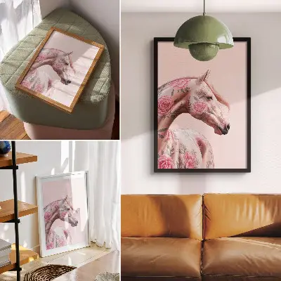 Premium wall art romantic horse with flowers in a modern style
