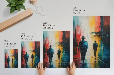 A colorful city scene with mysterious figures poster