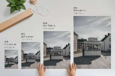 Art print featuring wooden kiosks and bright idyllic buildings