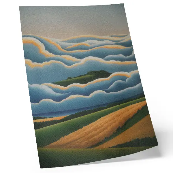 Poster waves with green hills under a pastel sky