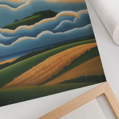 Poster waves with green hills under a pastel sky