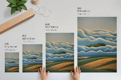 Poster waves with green hills under a pastel sky