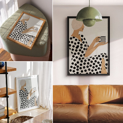 Poster A woman in a pea-colored dress holding a geometric mug