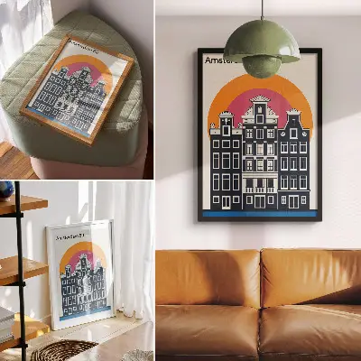 Art print tenement houses on a colorful background with modern aesthetics