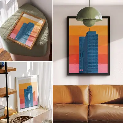 Premium wall art modern building with an orange and pink background
