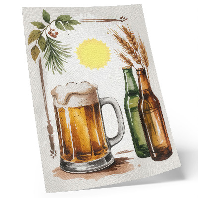 Decorative poster featuring a mug of beer with bottles, leaves, and sun