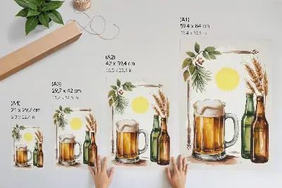 Decorative poster featuring a mug of beer with bottles, leaves, and sun