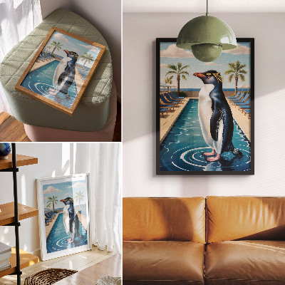Premium wall art Penguin pool palm trees sea relaxation