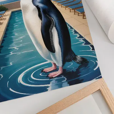 Premium wall art penguins at a pool surrounded by palm trees and the sea