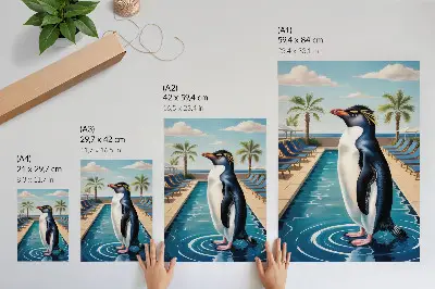 Premium wall art penguins at a pool surrounded by palm trees and the sea