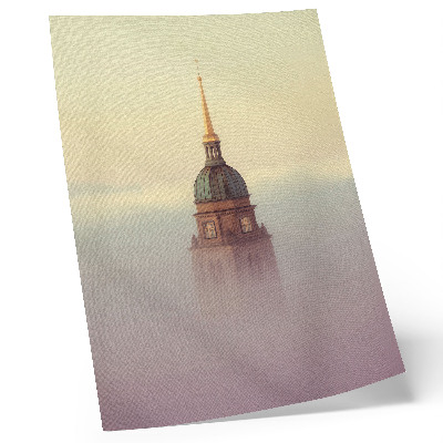 Decorative poster tower in the fog with delicate colors and peaceful composition