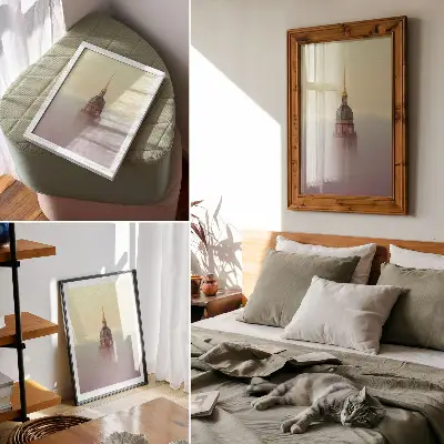 Decorative poster tower in the fog with delicate colors and peaceful composition