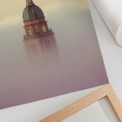 Decorative poster tower in the fog with delicate colors and peaceful composition