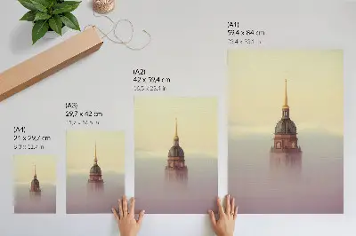 Decorative poster tower in the fog with delicate colors and peaceful composition