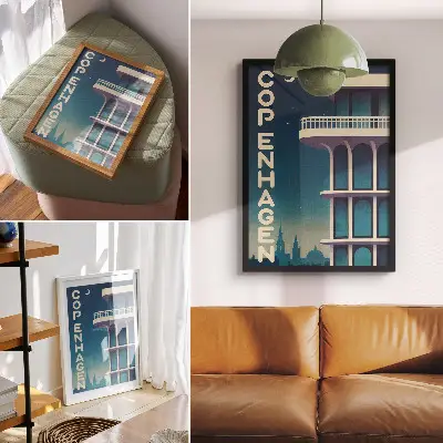 Art print featuring evening city modern architecture