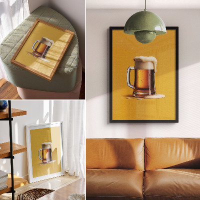Premium wall art A mug of amber drink, yellow background, creamy foam