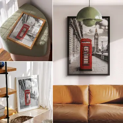 Poster red telephone booth city icon with high contrast