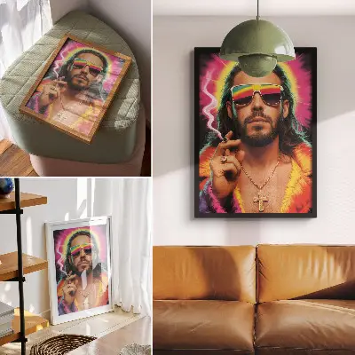 Art print with intense colors and contrasting retro patterns