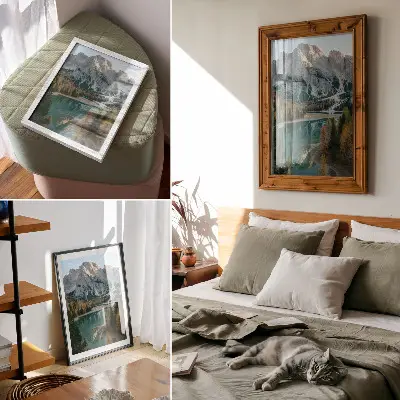Poster mountains, forest, and lake landscape with colorful trees and reflections