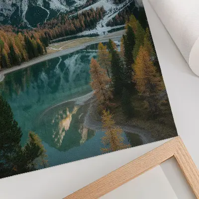 Poster mountains, forest, and lake landscape with colorful trees and reflections