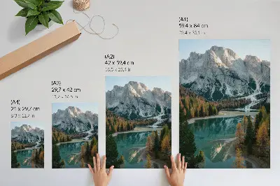 Poster mountains, forest, and lake landscape with colorful trees and reflections