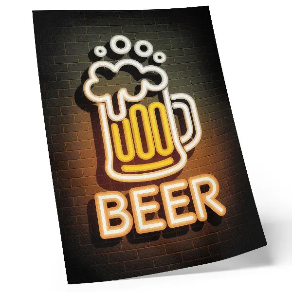 Decorative poster neon neon mug design in white with yellow lettering on a brick background