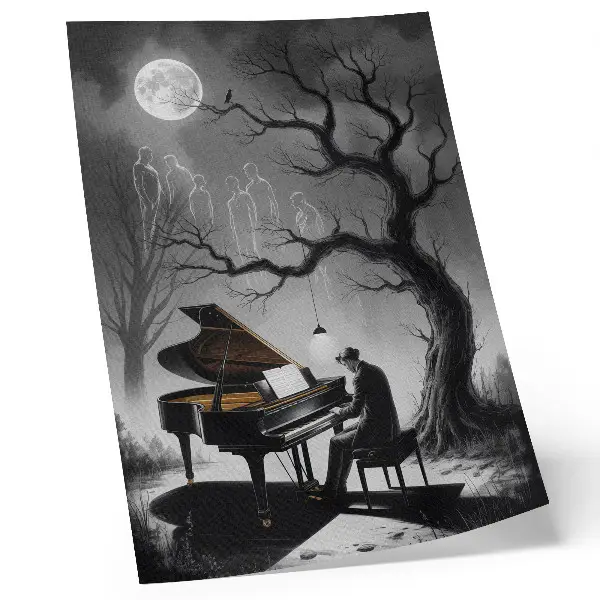 Premium wall art ghosts playing piano under a moon in subdued colors