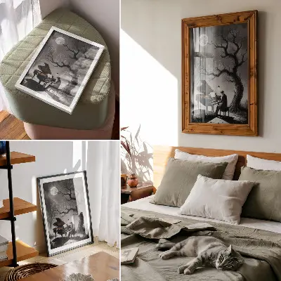 Premium wall art ghosts playing piano under a moon in subdued colors