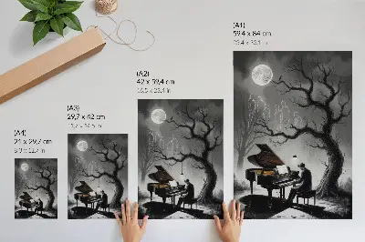 Premium wall art ghosts playing piano under a moon in subdued colors