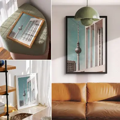 Decorative poster minimalist tower with modern buildings against a blue sky