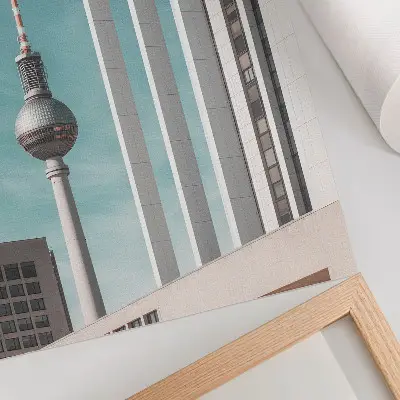 Decorative poster minimalist tower with modern buildings against a blue sky
