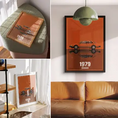 Art print retro car in orange vintage style