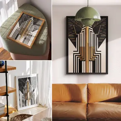 Decorative poster with architectural lines and elegant gold accents